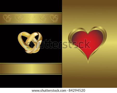 stock photo A wedding invitation card with intertwined gold rings and room