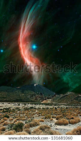 An alien landscape with a large volcano and arid red landscape with red nebula in the background. Elements of this image furnished by NASA