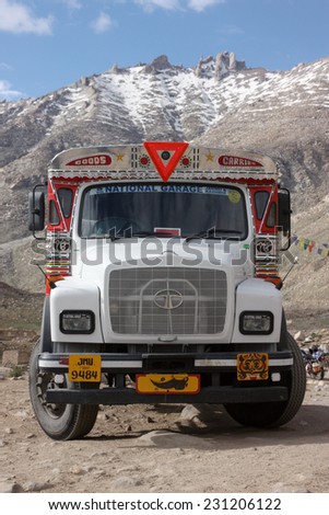 LADAKH, INDIA - CIRCA AUGUST 2011: Decorated Indian truck high in the Himalaya mountains