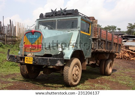 MEGHALAYA, INDIA - CIRCA MAY 2012:  Vintage Indian logging truck
