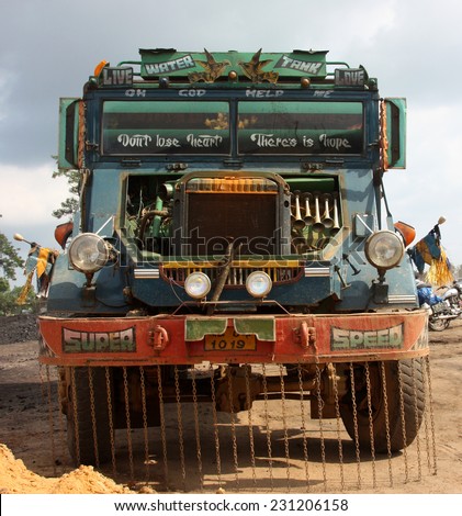 MEGHALAYA, INDIA - CIRCA MAY 2012:  Front view of vintage Indian truck