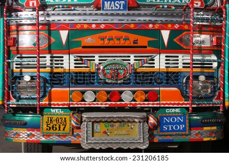 LADAKH, INDIA - CIRCA AUGUST 2011: Front view of Indian truck in the Himalaya mountains