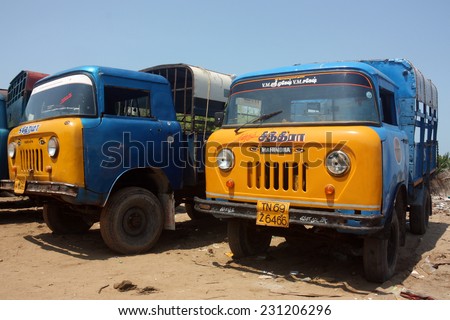 TAMIL NADU, INDIA - CIRCA 2012: Vintage Indian light trucks