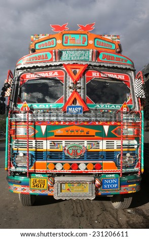 LADAKH, INDIA - CIRCA AUGUST 2011: Front view of Indian truck in the Himalaya mountains
