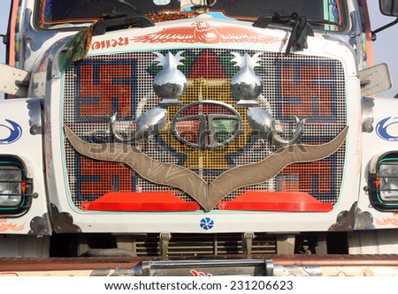 GUJARAT, INDIA - CIRCA MAY 2012: Front view of vintage Indian truck