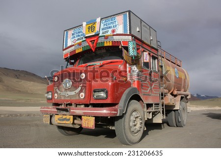 LADAKH, INDIA - CIRCA AUGUST 2011: Indian fuel tanker truck in the Himalaya mountains