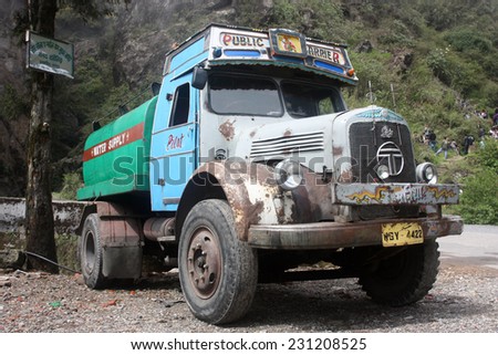SIKKIM, INDIA - CIRCA MAY 2012: Vintage Indian water tanker truck