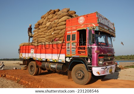 KARNATAKA, INDIA - CIRCA 2011: Indian truck being loaded with dried fish
