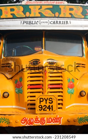 TAMIL NADU, INDIA - CIRCA 2011: Front view of vintage Indian truck