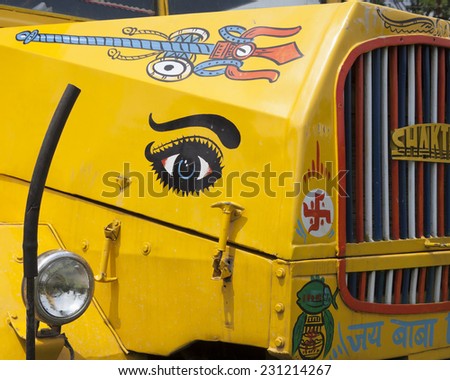 WEST BENGAL, INDIA - CIRCA  2014: Decorated vintage Indian truck