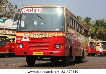 MAHE, INDIA - CIRCA OCTOBER 2012: State Corporation bus departs from Karnatakan bus station