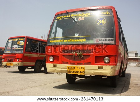 KRISHNAGIRI, INDIA - CIRCA MARCH 2012: Indian state passenger bus at bus station in Tamil Nadu