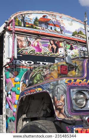 PANAMA CITY - CIRCA DECEMBER 2012: Brightly decorated local bus at city bus station