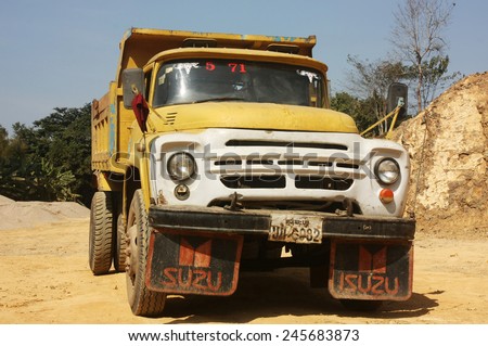 PHONSOVAN, LAOS - CIRCA JANUARY 2010: Vintage Soviet manufactured ZIL tipper truck at a quarry in northern Laos
