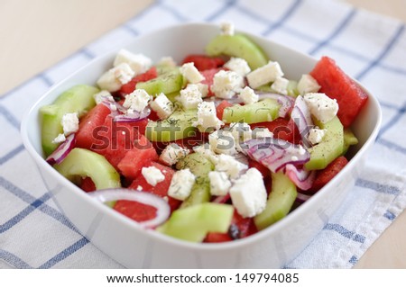 Water Melon Salad with feta, cucumber and red onion