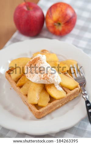 waffles with diced apple cooked and cinnamon