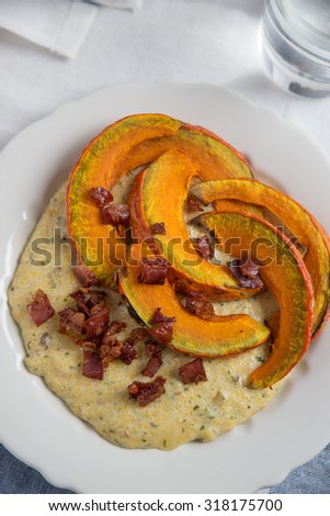 Polenta with bacon and grilled pumpkin