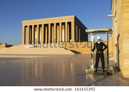 ANKARA - OCT 15: Turkish Soldier guarding the mausoleum of Mustafa Kemal Ataturk who is the leader of the Turkish Independence War and the founder of the Republic of Turkey on 15 October 2013, Ankara