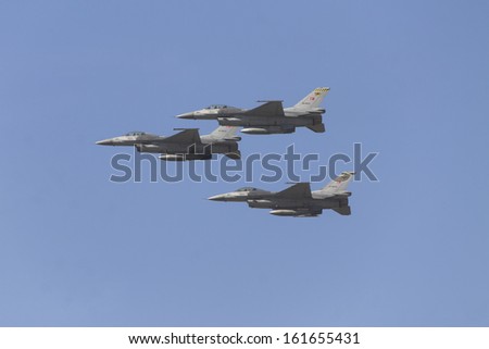 ANKARA, TURKEY-OCT 29 : Turkish F16 military airplane October 29th Republic Day was celebrated with an official ceremony and military parades at Hipodrom, Ankara on October 29, 2013 in Ankara, Turkey
