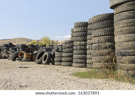 Heap of old Tires in recycling plant