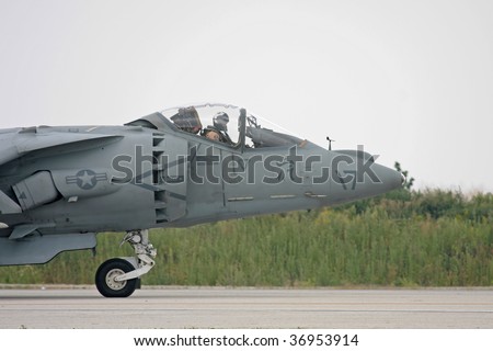 CLEVELAND, OHIO - JUNE 6: A US Marines Harrier fighter jet aircraft takes off at the Cleveland National Airshow on Sept. 6, 2009 in Cleveland, Ohio.
