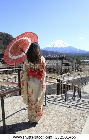 japanese kimono woman with traditional red umbrella with Fuji in the background