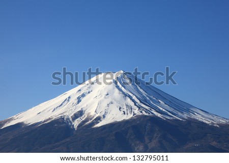 Snow-capped Mount Fuji with clear sky background,View of Mount Fuji from Kawaguchiko in march