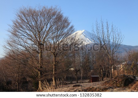 View of Mount Fuji from Kawaguchiko in march.Snow-capped Mount Fuji with clear sky background