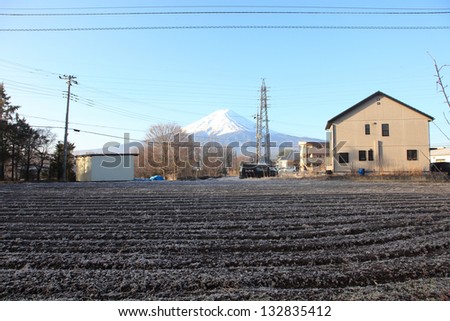 View of Mount Fuji from Kawaguchiko in march.Snow-capped Mount Fuji with clear sky background