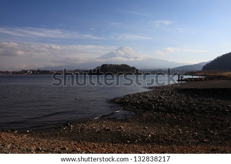 View of Mount Fuji from Kawaguchiko lake in march,Snow-capped Mount Fuji with clear sky background
