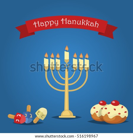 Hanukkah Typography Vector Design - Happy Hanukkah. Jewish holiday. Hanukkah Menorah on blue background. Happy Hanukkah greeting card design vector illustration. Tradition religion jewish holiday.