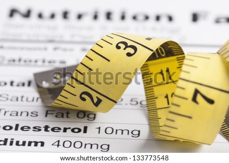 Close up of a measure tape on a nutrition fact sheet