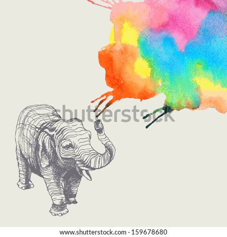 The Elephant With Colorful Abstract Fountain. Hand Drawn ...