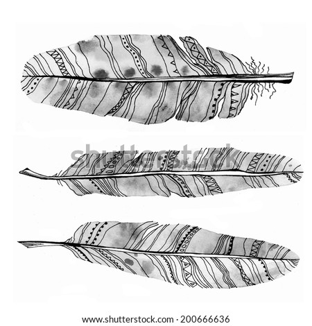 Ethnic tribal feathers set Raster watercolor illustration Ethnic tribal feathers set Raster watercolor illustration