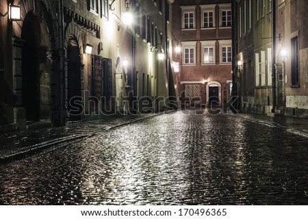 A street in the old town of Warsaw at night