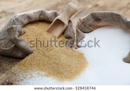 Various types of sugar, brown sugar and white
