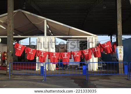 Alicante city - 1 October: Wash line of specialized clothing of MAPFRE boat crew in \