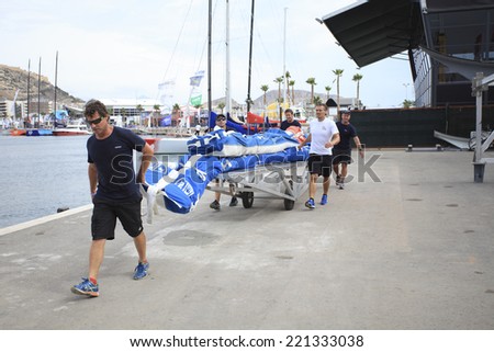 Alicante city -1 October: VESTAS boat crew during carrying a sail in \