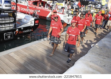 ALICANTE, SPAIN - OCTOBER 4: FREMAP Team crew arriving to dock in the In-Port Race,  \