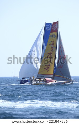 ALICANTE, SPAIN - OCTOBER 4: ABU DHABI Team boat and VESTAS Team boat competing in the In-Port Race, during the \