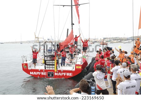 ALICANTE, SPAIN - OCTOBER 11: MAPFRE boat crew leaving Alicante marina in the Race Exit, 