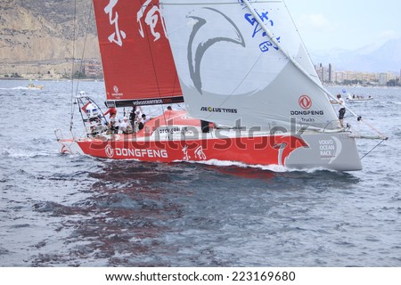 ALICANTE, SPAIN - OCTOBER 11: DONGFENG boat crew leaving Alicante  in the Race Exit, \
