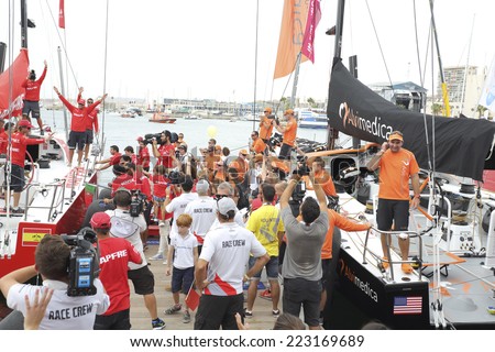 ALICANTE, SPAIN - OCTOBER 11: MAPFRE boat crew leaving Alicante marina in the Race Exit, \