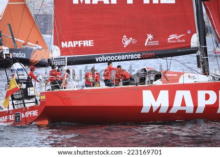 ALICANTE, SPAIN - OCTOBER 11: MAPFRE boat crew leaving Alicante  in the Race Exit, \