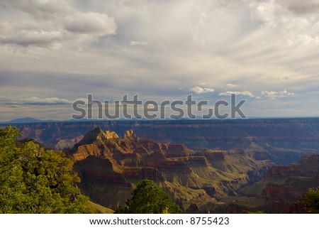 Sunset view of Bright Angel Canyon from the North Rim of the Grand Canyon