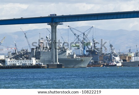 Navy Ship Yards in San Diego California as viewed from Coronado Island. The Coronado Island Bridge is visible in the top of the frame.