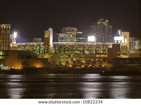 Night view of Petco Park in San Diego, California. This is the home field of the San Diego Padres baseball team. The view is from Coronado Island.