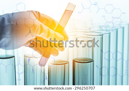 science hand and laboratory test tubes