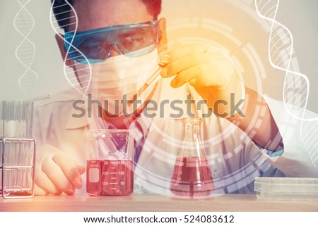 Double exposure of scientist and laboratory test tube , science research concept