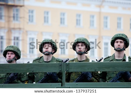 SAINT PETERSBURG, RUSSIA - MAY 9: Military Victory parade (victory in the World War II) is spent every year on May 9 on Palace Square of St.-Petersburg, Russia.